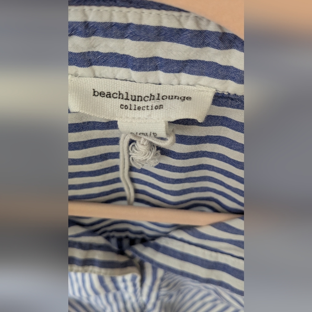 Beachlunchlounge Blue and White Striped Cropped Long Sleeve Button Down S - Picture 6 of 7
